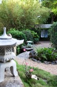 Subtropical Japanese Garden Ornamented with Lanterns and Silk Panels