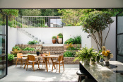 Urban terraced garden at the height of summer