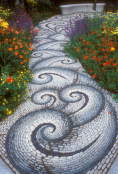 Mosaic garden path through flowers