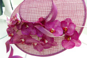 Pink Phalaenopsis 'Moth Orchid' decorating a ladies hat. 